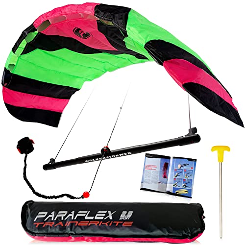 Kitesport-Training mit Wolkenstürmer Paraflex Trainer 3-Leiner Lenkmatte, Flugfertiger Kite Drachen 230cm mit Trainerbar und Windtrainer für Anfänger und Fortgeschrittene