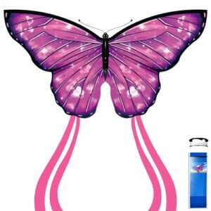 Ein Schmetterlingsdrachen mit blauen Batterien und roten Fäden. Der Drache steht im Bildzentrum, während die Batterien auf der rechten Seite zu sehen sind. Die Fäden hängen von den Flügeln des Drachens herab. Hintergrund ist weiß, was sich gut vom farbenfrohen Drachen abhebt.